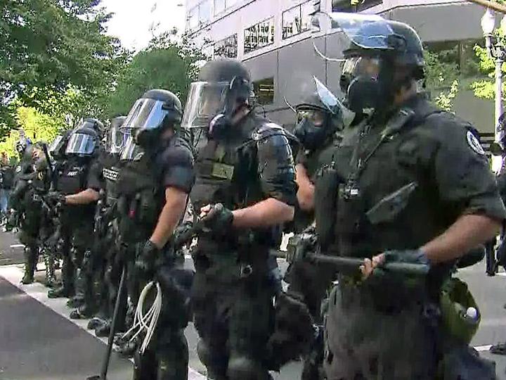 Portland police in riot gear during a counterprotest against the far right