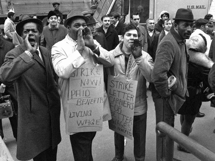 Postal workers on the picket line in 1970 during the largest wildcat strike in U.S. history