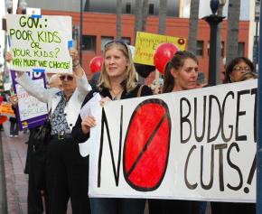 A coalition of grassroots groups in San Diego protested Gov. Arnold Schwarzenegger's budget cuts in April 2008