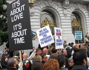 A crowd gathered outside San Francisco's City Hall to celebrate the first same-sex marriages
