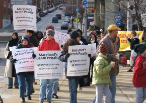 A march against executions in Maryland sponsored by the Campaign to End the Death Penalty in December 2005