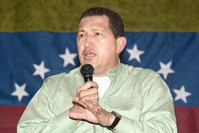 Hugo Chávez speaking at the World Social Forum in Porto Alegre, Brazil, in January 2003