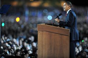 Barack Obama speaks at an outdoor victory celebration in Chicago's Grant Park