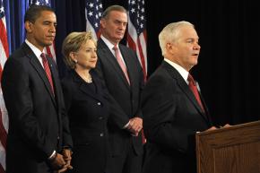 Barack Obama's picks for his administration include HIllary Clinton, James Jones and Robert Gates (speaking)