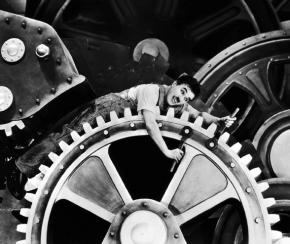 Chaplin dramatizes the demeaning life of industrial workers in the 1936 film Modern Times