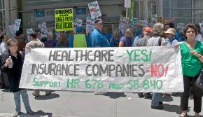 Protesters rallying for single-payer call out the insurance companies in barring access to health care
