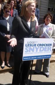 Former Judge Leslie Crocker Snyder giving a campaign speech in her run for District Attorney