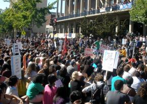 Thousands turned out on Sproul Plaza at UC Berkeley on the day of the walkout by faculty, staff and students