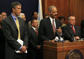 Arne Duncan, Eric Holder and Richard Daley delivery a press conference in Chicago on their plans to curb youth violence