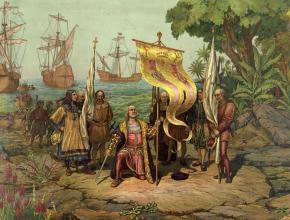 An 1893 rendition of Christopher Columbus arriving in the Americas