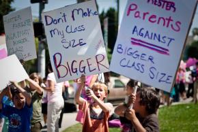 Students join in a protest against teacher layoffs and increased class sizes in Los Angeles