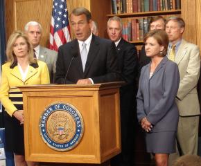 House Minority Leader John Boehner and Republican House members speak to reporters
