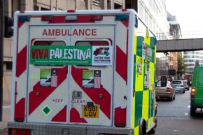 One of 15 Viva Palestina ambulances stocked with aid, as it sets off from London