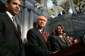 Barack Obama, Harry Reid and Nancy Pelosi announce the outcome of negotiations on a final health care bill