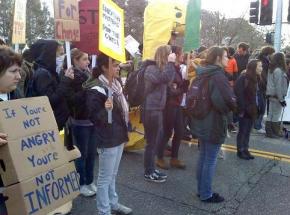 Students demonstrate at one of the entrances to UC Santa Cruz