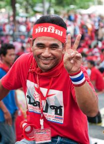A Red Shirt protester in the streets of Bangkok during the mass marches in April