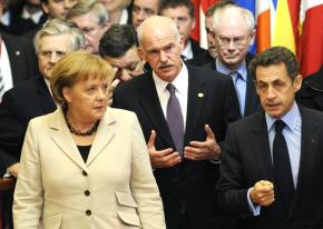 From left: German Chancellor Angela Merkel, Greece's Prime Minister George Papandreou and French President Nicolas Sarkozy leave an EU summit