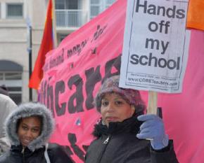Demonstrating against school closings in Chicago on Martin Luther King Day in 2010