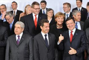 European Union leaders pose for photos following an economic summit