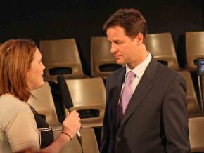 The Liberal Democrats' Nick Clegg speaks to a reporter during the general election campaign