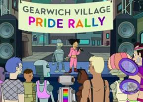 Bender and Amy lead a Robosexual Pride rally on the TV show Futurama