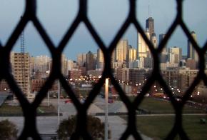 View of the Chicago skyline from the 10th floor of the Cabrini-Green high-rise at 1260 Burling