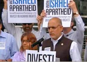 Solidarity activists hold a press conference in California calling for the state to divest from Israeli apartheid