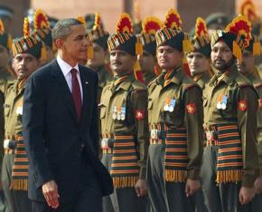 President Obama inspects guards at India's Presidential Palace during a ceremonial welcome
