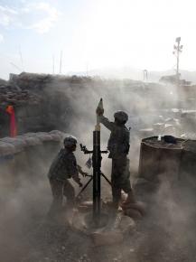 U.S. troops fire mortar rounds during combat in Paktika province in Afghanistan