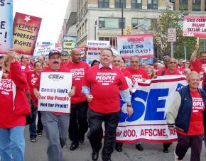 Government workers march against the attacks on their unions in Albany, N.Y.