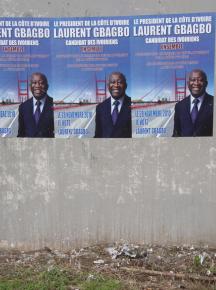 Election posters advertise the campaign of Laurent Gbagbo