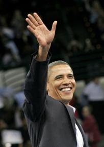 President Obama greets his cheering supporters