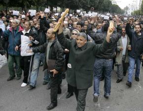 Tunisian protesters on the march in the capital of Tunis