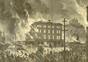 The burning of the Union Depot in Pittsburgh during the Great Railroad Strike of 1877