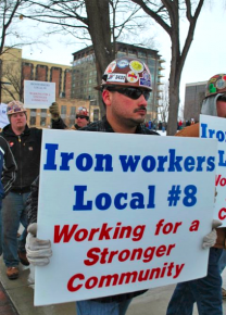 Ironworkers join the mass protests to defend workers' rights in Madison