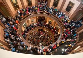 Michigan's Capitol building during a protest in mid-March