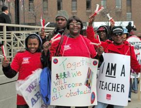 Chicago teachers participate in the nationwide We Are One protests to defend public-sector workers in April
