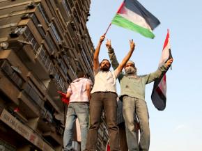 Protesters outside the Israeli embassy in Cairo on the day of international demonstrations commemorating the Nakba