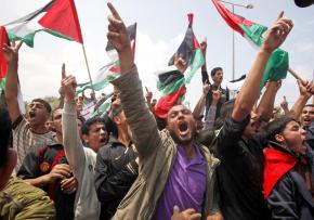Protesters mark the anniversary of the Nakba in a protest at the Erez border crossing in Gaza