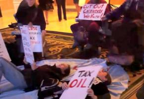 Disability rights activists stage a die-in during the California Republican Convention