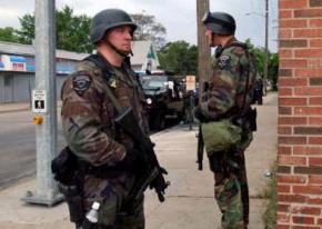 Two members of the National Guard on patrol in Benton Harbor, Mich.