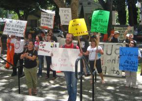 Supporters of the Pelican Bay hunger strikers call on officials in Sacramento to meet the prisoners' demands