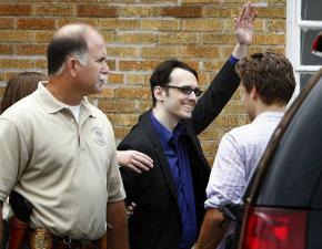 Damien Echols waves to supporters after his release following 18 years on death row