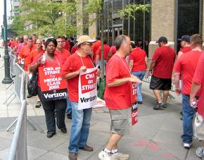 Verizon workers picket in New York City on the first day of their regional strike