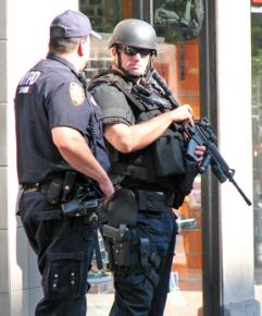 Heavily armed New York police officers on the streets