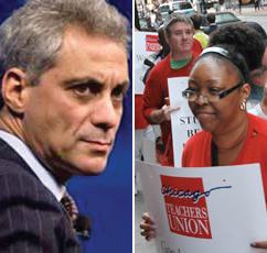 Chicago Mayor Rahm Emanuel (left) and a protest by the Chicago Teachers Union