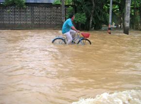 Flooded roadways in the town of Chumpon in Thailand