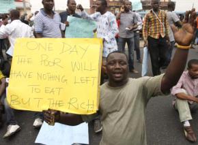 Protesters fill the streets in Lagos during a national strike against fuel price hikes