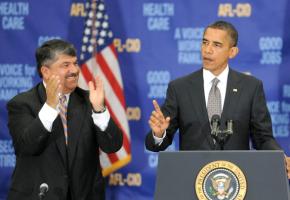 AFL-CIO President Richard Trumka cheers on a speech by President Obama
