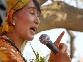 Aung San Suu Kyi speaking to supporters in March